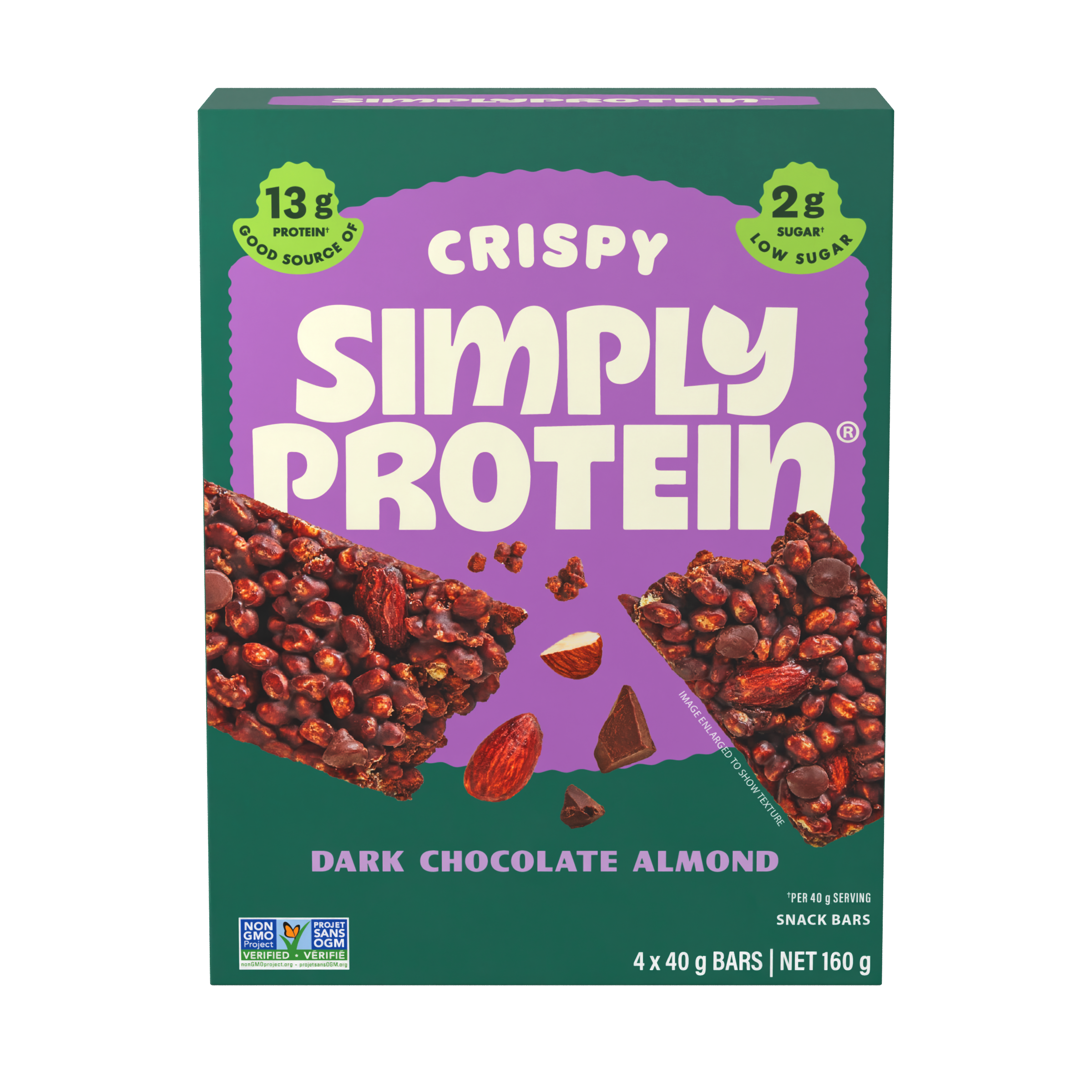 Box of Crispy Simply Protein Dark Chocolate Almond snack bars