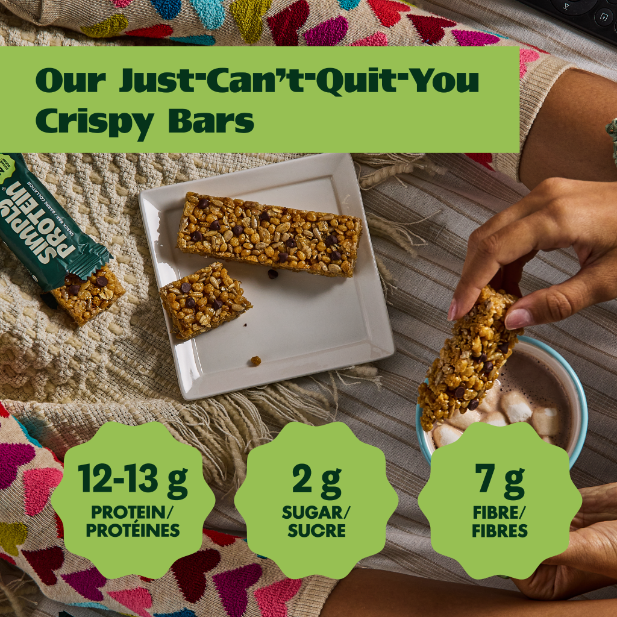 Our crispy bars boast 12-13g protein, only 2g sugar, and 7g fibre