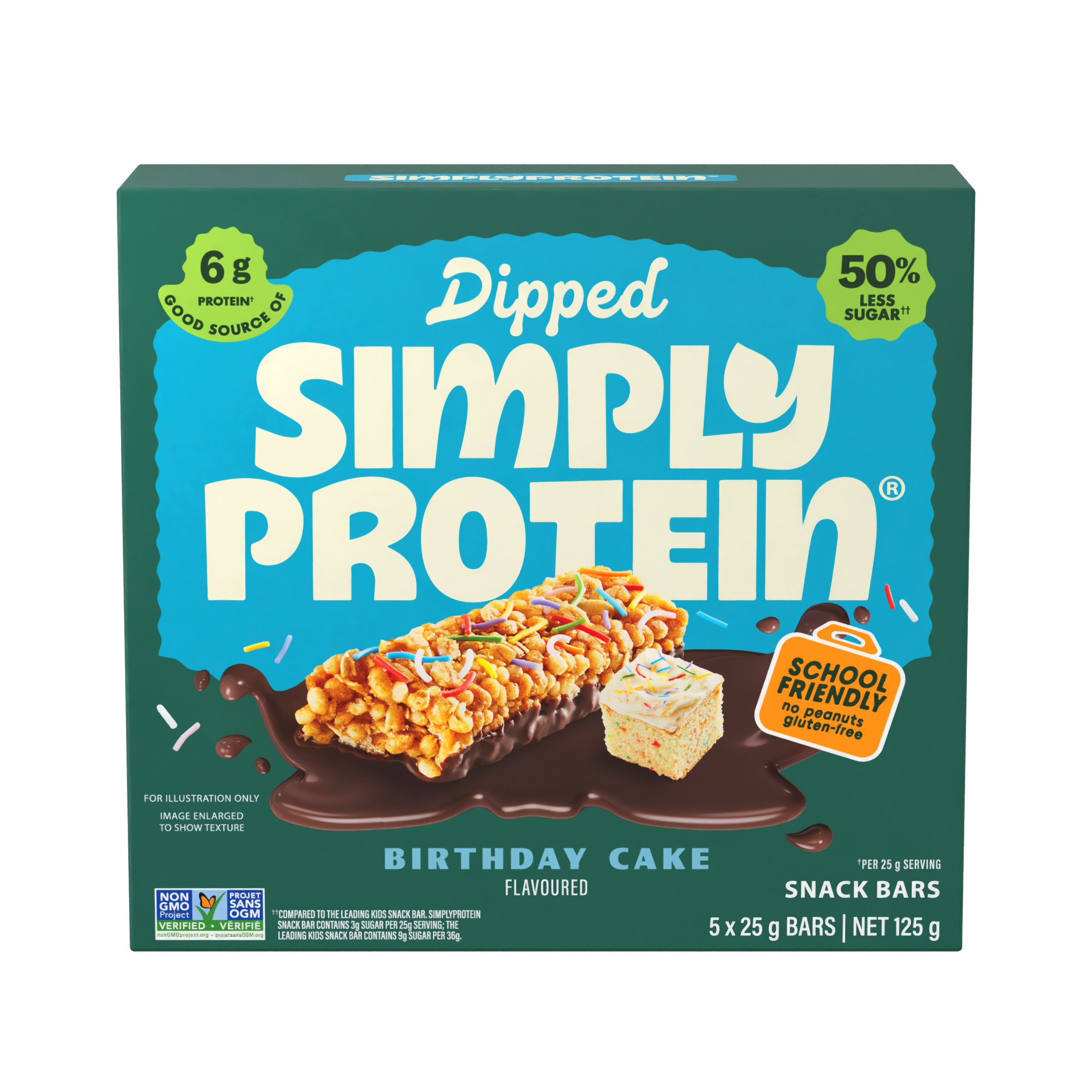 Box of Simply Protein Birthday Cake flavored snack bars