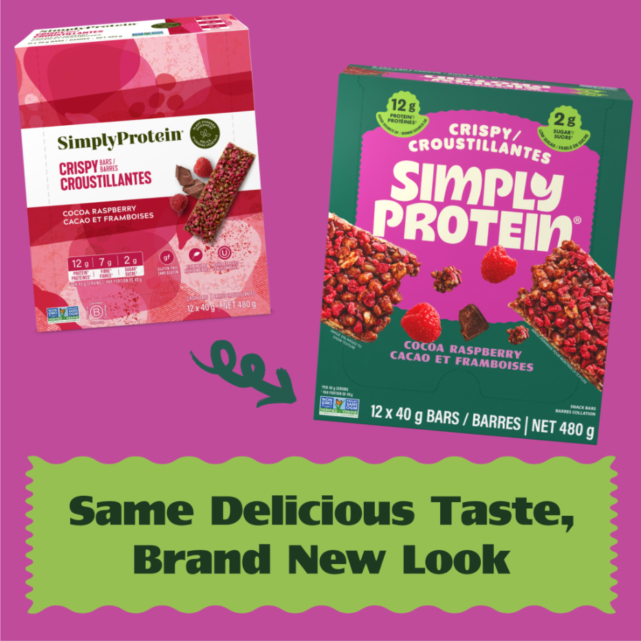 Crispy Bars have a new look, with the same delicious taste. Look for the SimplyProtein green box! 