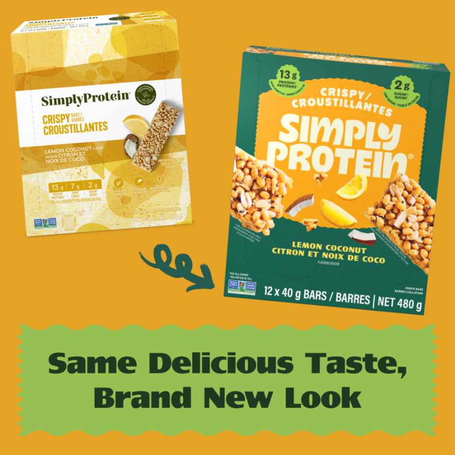 Crispy Bars have a new look, with the same delicious taste. Look for the SimplyProtein green box! 