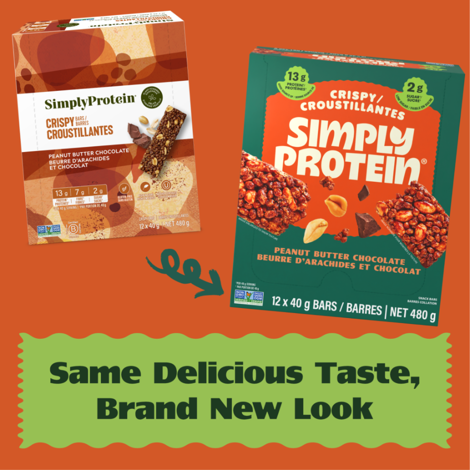 Crispy Bars have a new look, with the same delicious taste. Look for the SimplyProtein green box! 