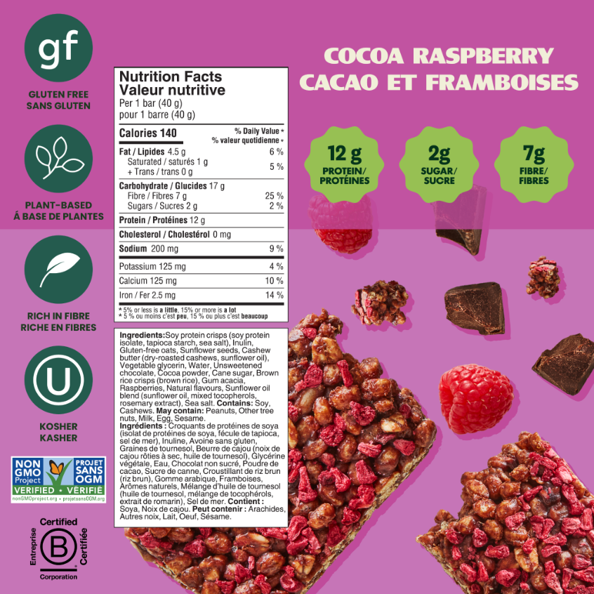 Crispy Bar nutrition facts showing 12g protein, 2g sugar, 7g fibre; gluten-free, plant-based, kosher.