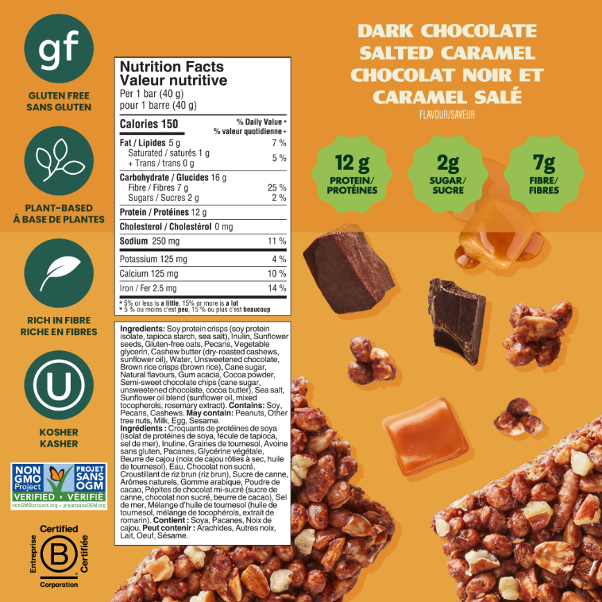 Crispy Bar nutrition facts showing 12g protein, 2g sugar, 7g fibre; gluten-free, plant-based, kosher.