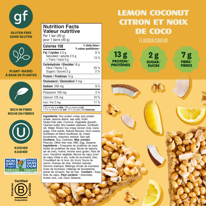 Crispy Bar nutrition facts showing 13g protein, 2g sugar, 7g fibre; gluten-free, plant-based, kosher.