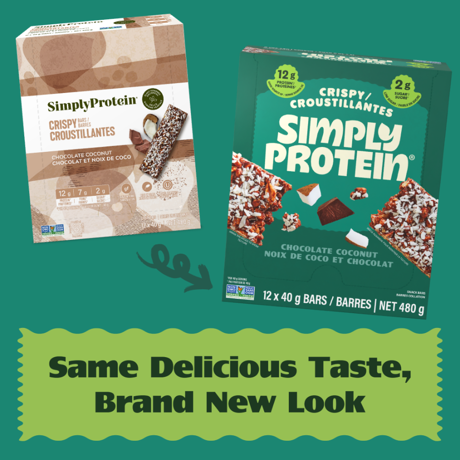 Crispy Bars have a new look, with the same delicious taste. Look for the SimplyProtein green box! 